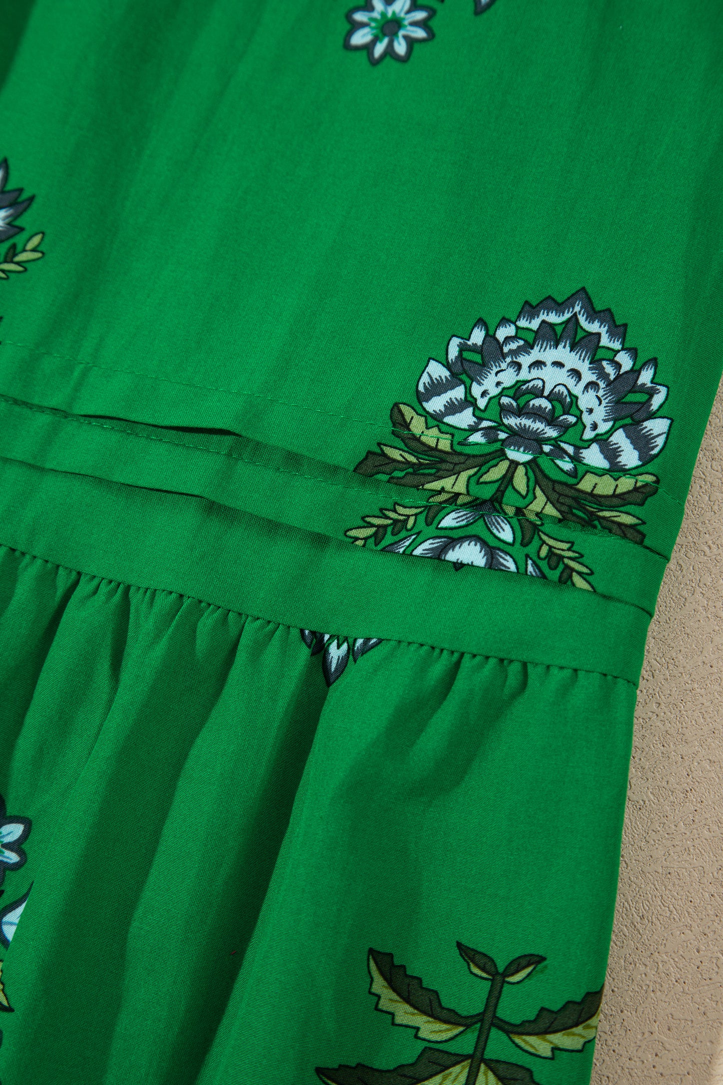 Green Floral Print Split Neck Shirred High Waist Ruffle Hem Maxi Dress-TOPS / DRESSES-[Adult]-[Female]-2022 Online Blue Zone Planet