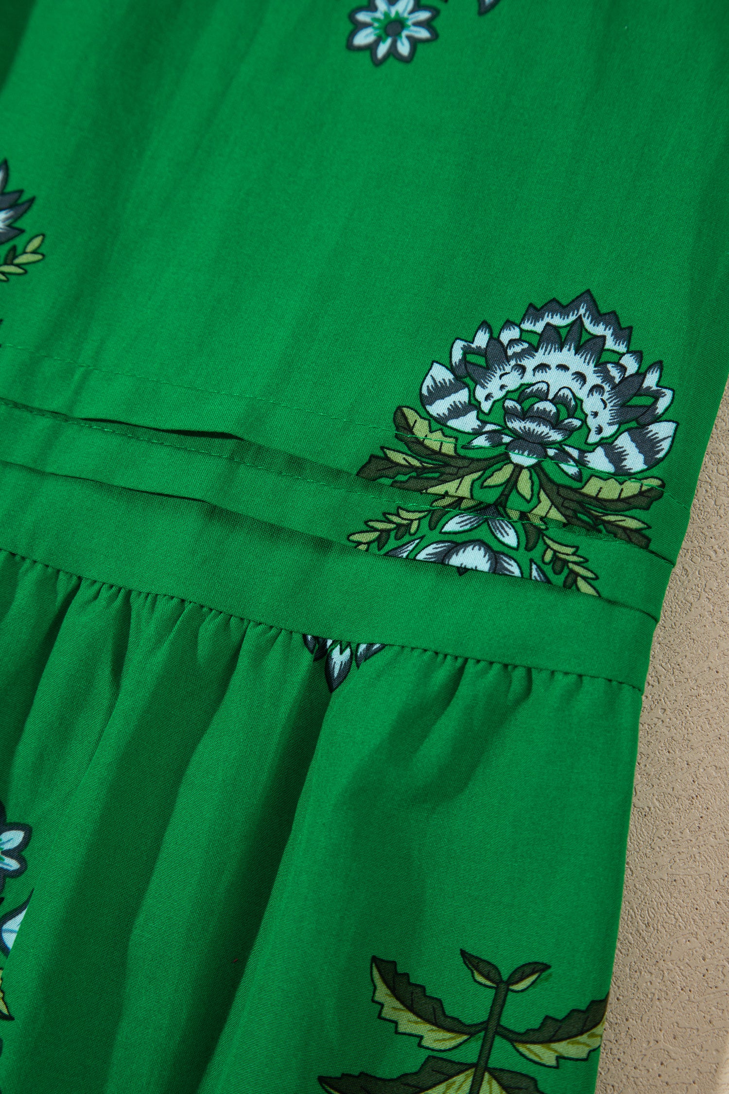 Green Floral Print Split Neck Shirred High Waist Ruffle Hem Maxi Dress-TOPS / DRESSES-[Adult]-[Female]-2022 Online Blue Zone Planet