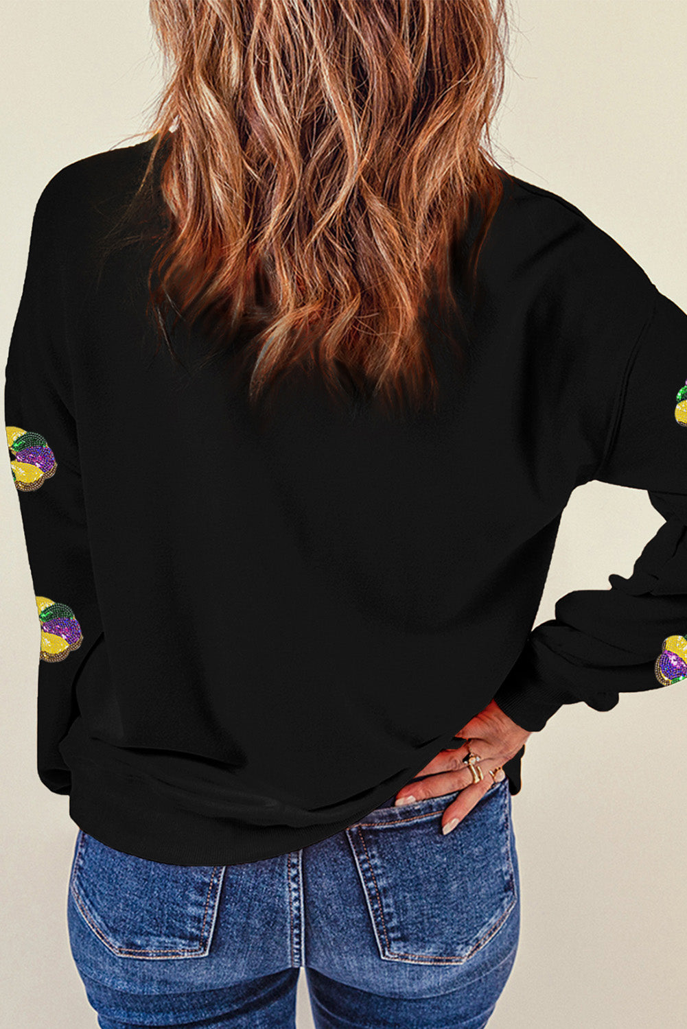 Black Sequined Donuts of Mardi Gras Colors Drop Shoulder Sweatshirt-Graphic/Graphic Sweatshirts-[Adult]-[Female]-2022 Online Blue Zone Planet