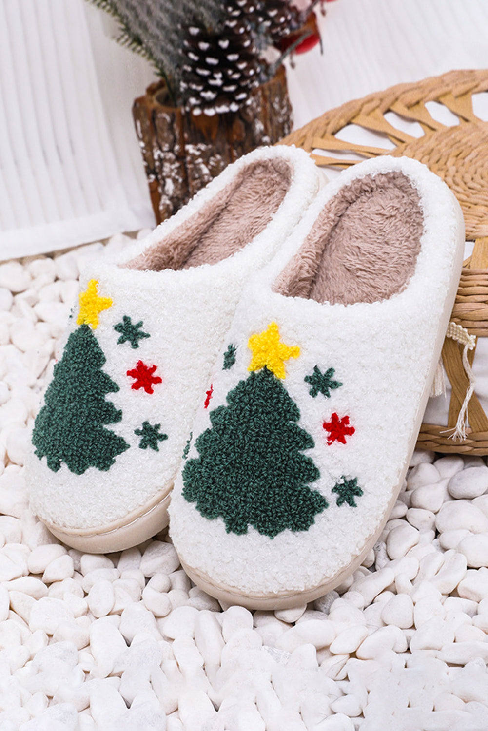 White Fuzzy Christmas Tree Pattern Home Slippers-Shoes & Bags/Slippers-[Adult]-[Female]-2022 Online Blue Zone Planet