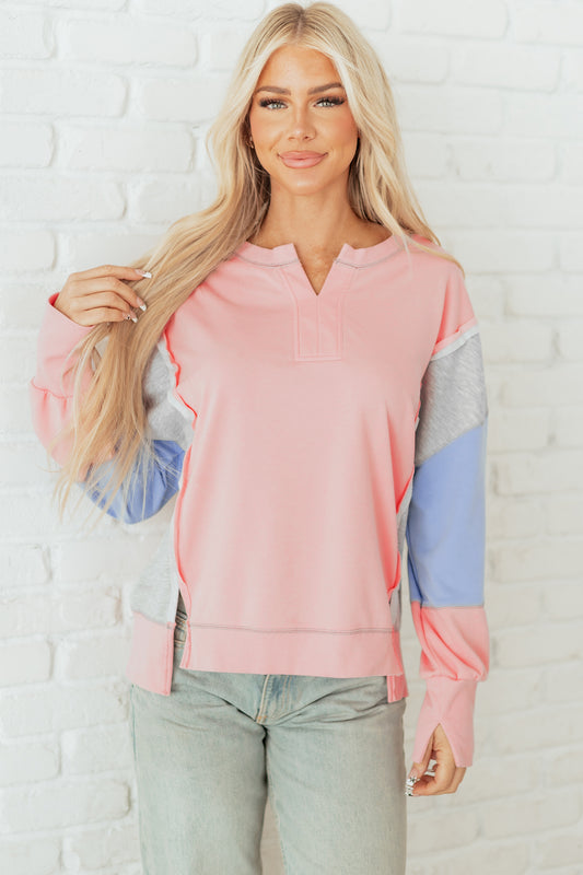 Apricot Pink Exposed Seam Color Block Patchwork Slit Cuffs Oversize Sweatshirt-Tops/Sweatshirts & Hoodies-[Adult]-[Female]-2022 Online Blue Zone Planet