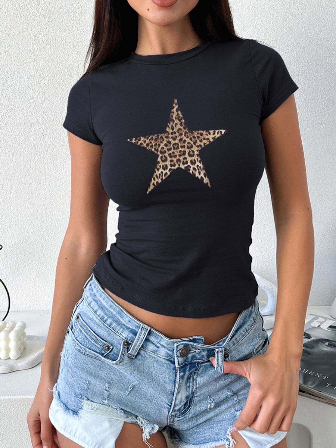 Devine Star Round Neck Short Sleeve T-Shirt-TOPS / DRESSES-[Adult]-[Female]-Black-S-2022 Online Blue Zone Planet