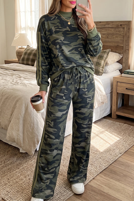 Multicolour Camouflage Patchwork Striped Detail Long Sleeve Top Casual Pants Set-Two Piece Sets/Pant Sets-[Adult]-[Female]-Multicolour-S-2022 Online Blue Zone Planet