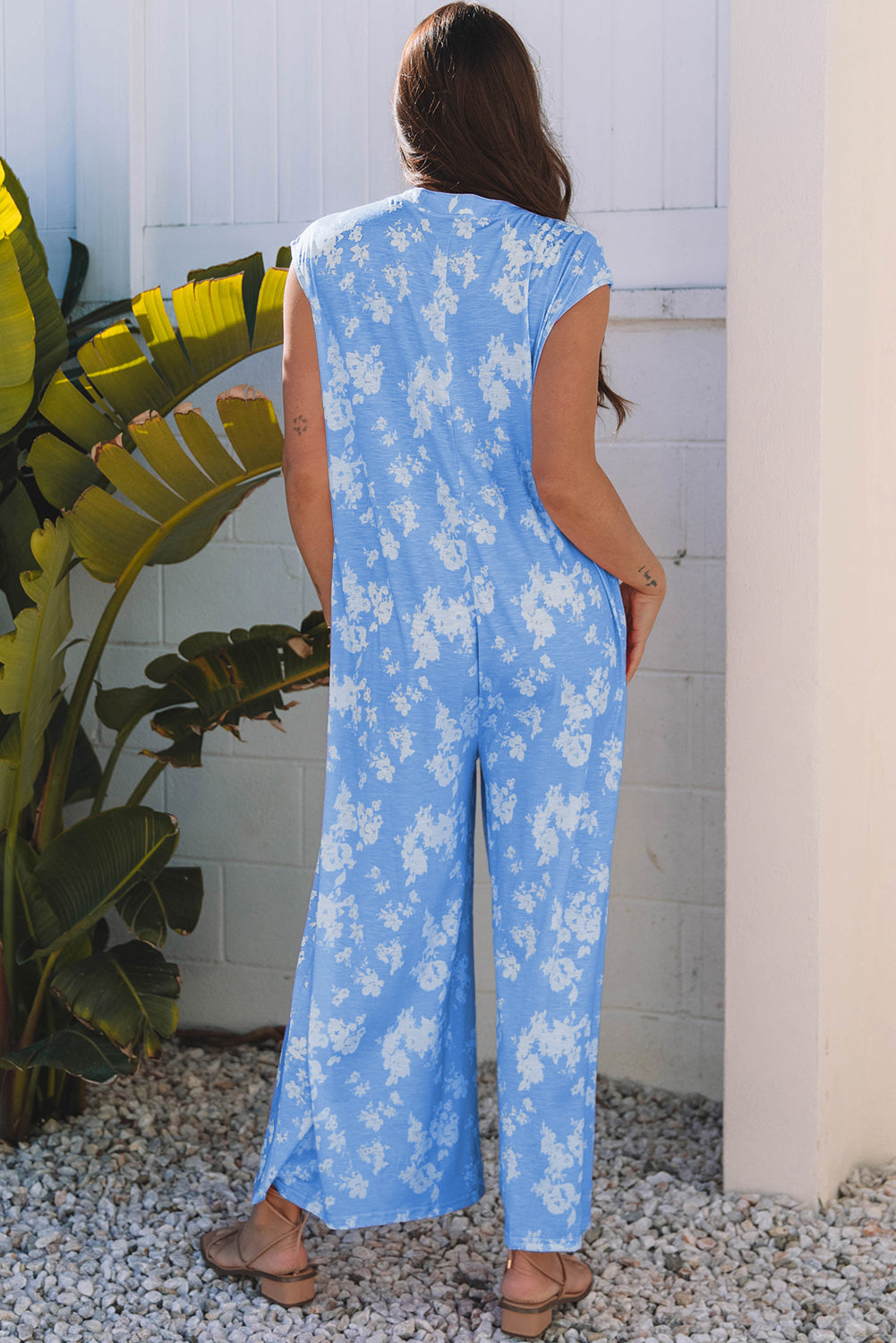 Myosotis Floral Print Half Button Wide Leg Relaxed Sleeveless Jumpsuit-Bottoms/Jumpsuits & Rompers-[Adult]-[Female]-2022 Online Blue Zone Planet