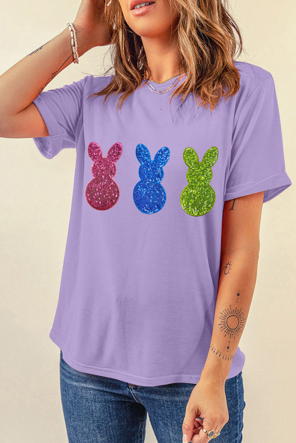 Wisteria Easter Shiny Bunny Graphic Crewneck T Shirt-Graphic/Graphic Tees-[Adult]-[Female]-2022 Online Blue Zone Planet
