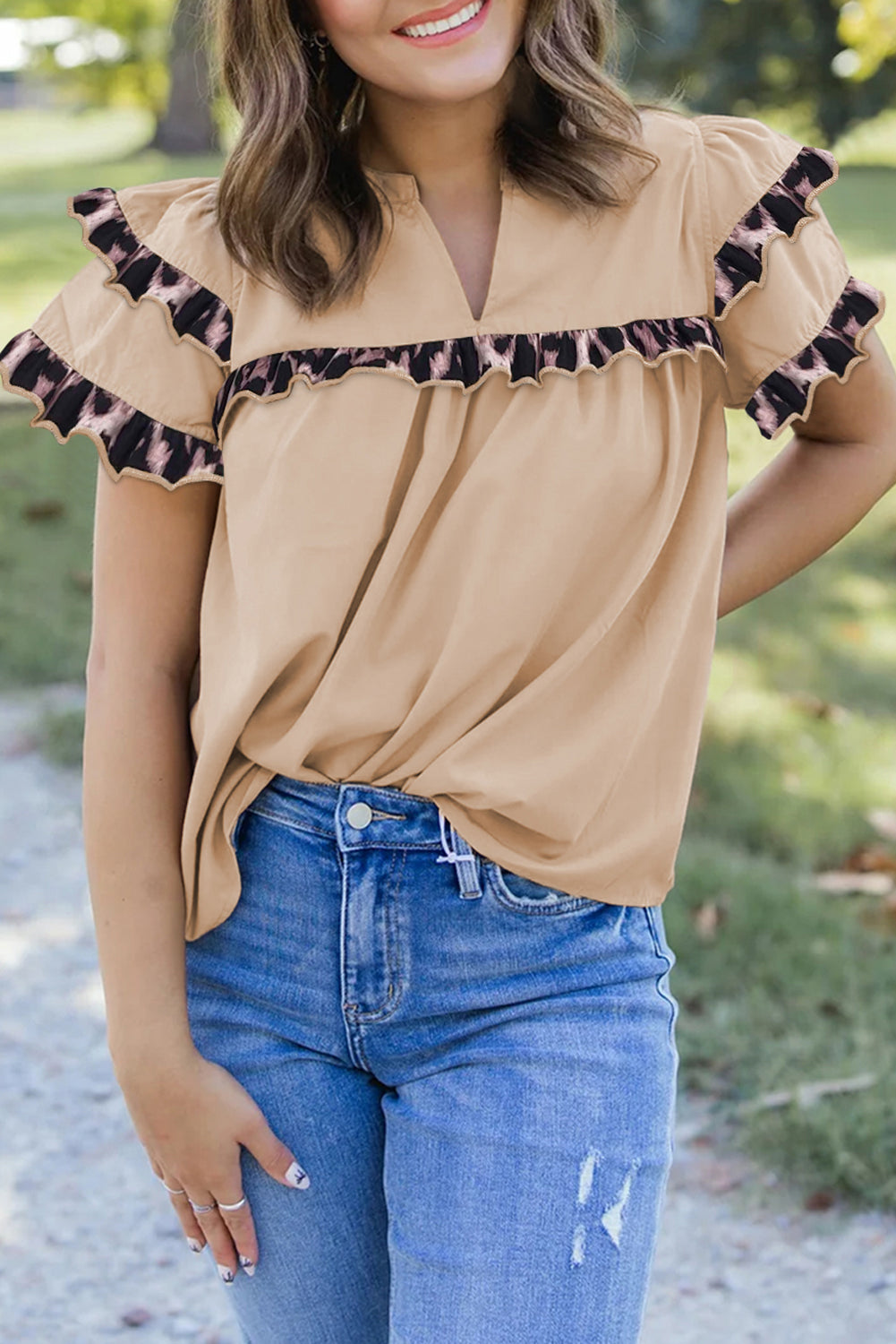 Smoke Gray Leopard Ruffles Trim Tiered Short Sleeve Blouse-Tops/Blouses & Shirts-[Adult]-[Female]-Smoke Gray-S-2022 Online Blue Zone Planet