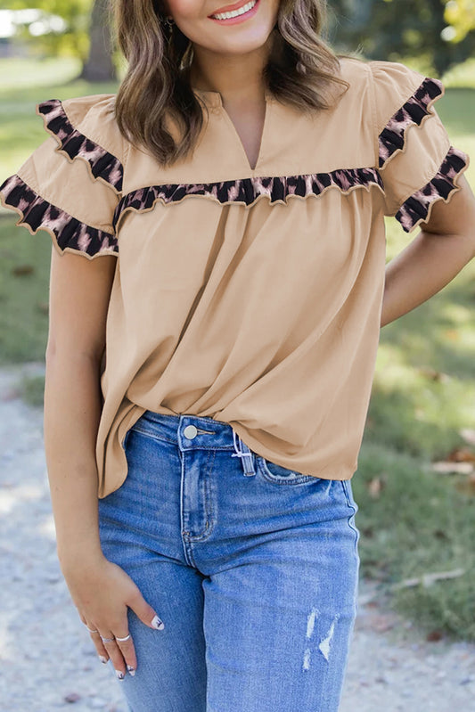 Smoke Gray Leopard Ruffles Trim Tiered Short Sleeve Blouse-Tops/Blouses & Shirts-[Adult]-[Female]-Smoke Gray-S-2022 Online Blue Zone Planet