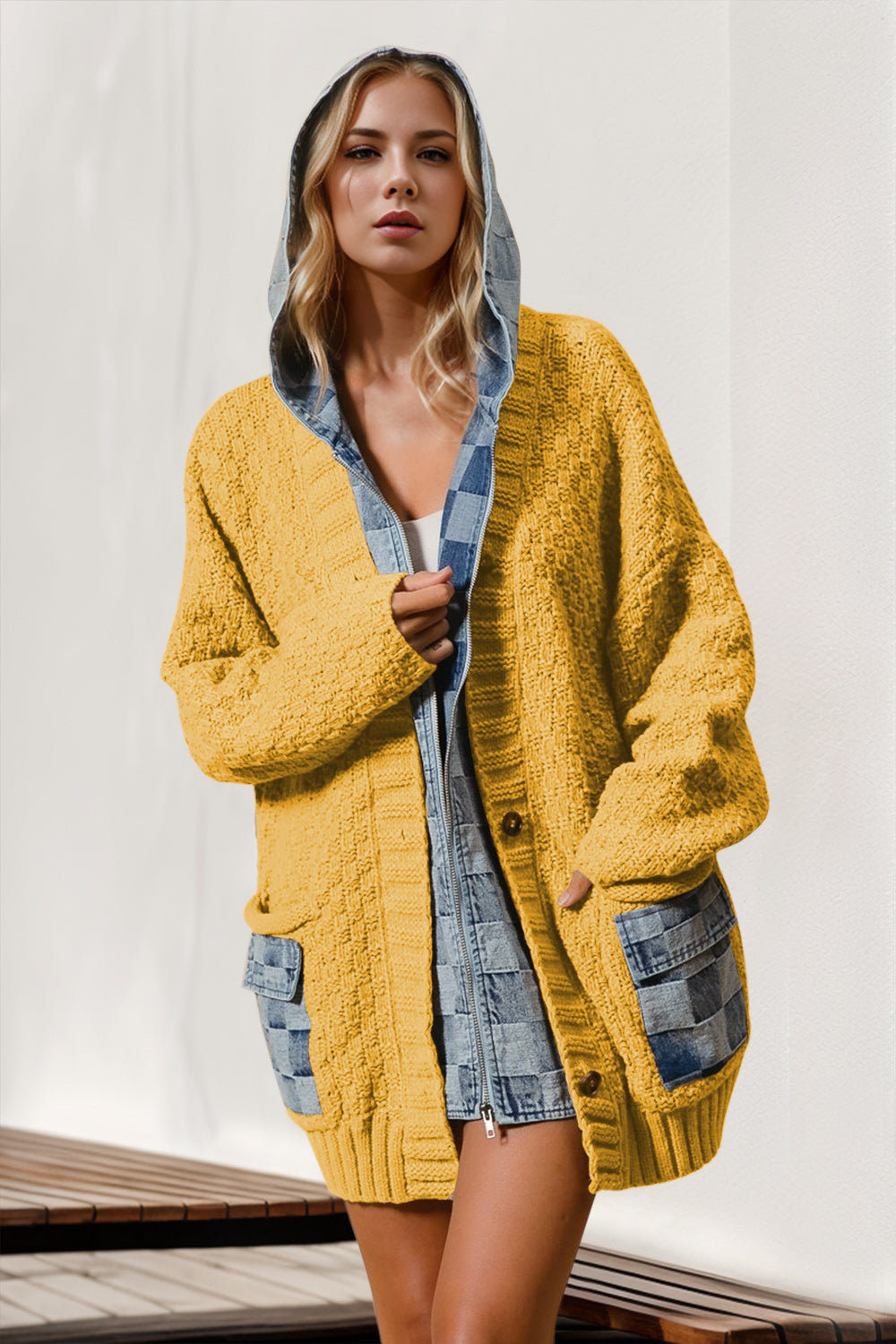 Double Take Full Size Hooded Denim Spliced Sweater Cardigan-TOPS / DRESSES-[Adult]-[Female]-Yellow-S/M-2022 Online Blue Zone Planet