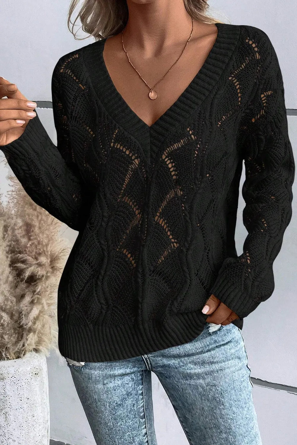 Openwork V-Neck Long Sleeve Sweater-TOPS / DRESSES-[Adult]-[Female]-Black-S-2022 Online Blue Zone Planet