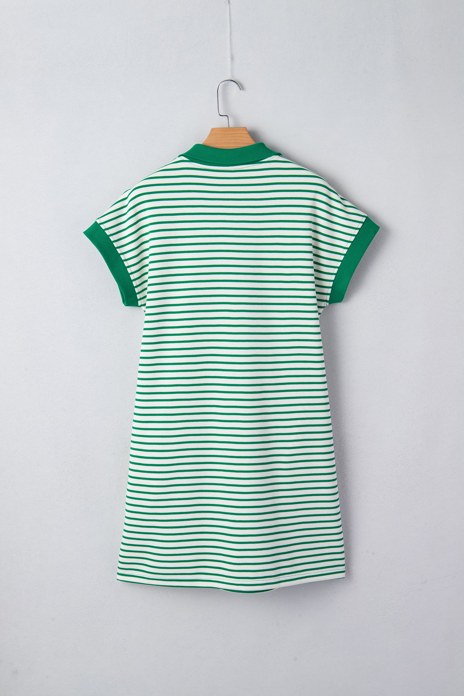Green Stripe Quarter Zip Polo Collar T Shirt Dress with Pockets-TOPS / DRESSES-[Adult]-[Female]-2022 Online Blue Zone Planet