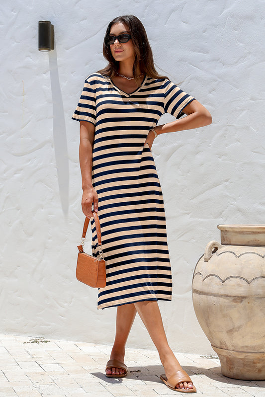 Black Stripe Print V Neck Maxi Dress With Side Splits-TOPS / DRESSES-[Adult]-[Female]-2022 Online Blue Zone Planet