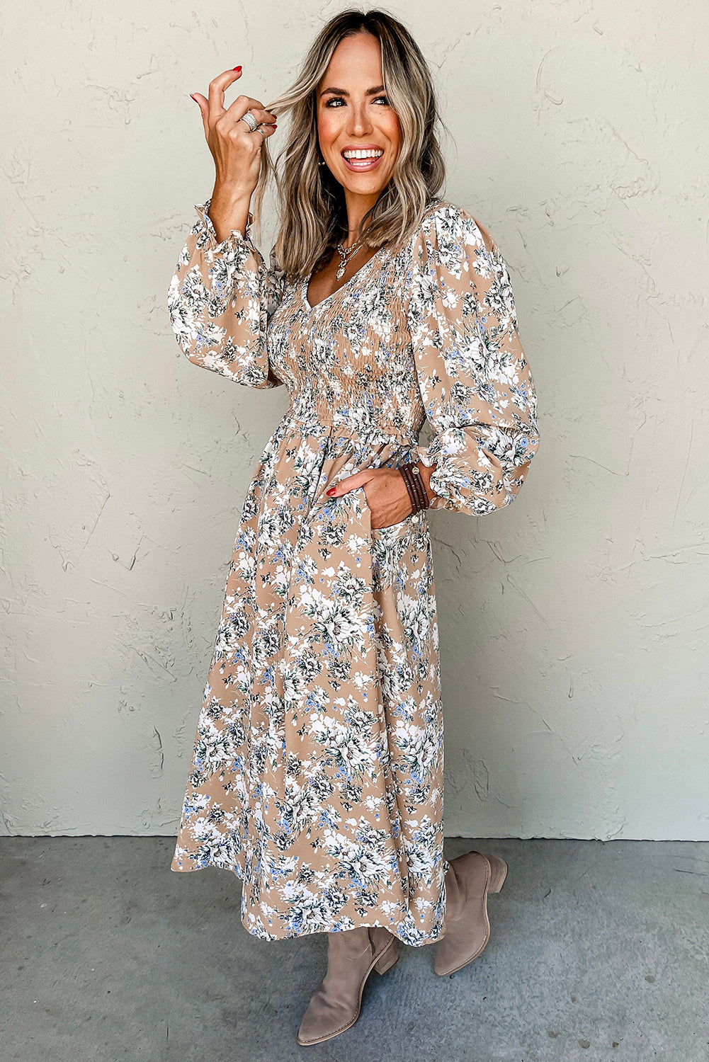Khaki Floral Smocked Puff Sleeve Maxi Dress-Maxi Dresses-[Adult]-[Female]-2022 Online Blue Zone Planet