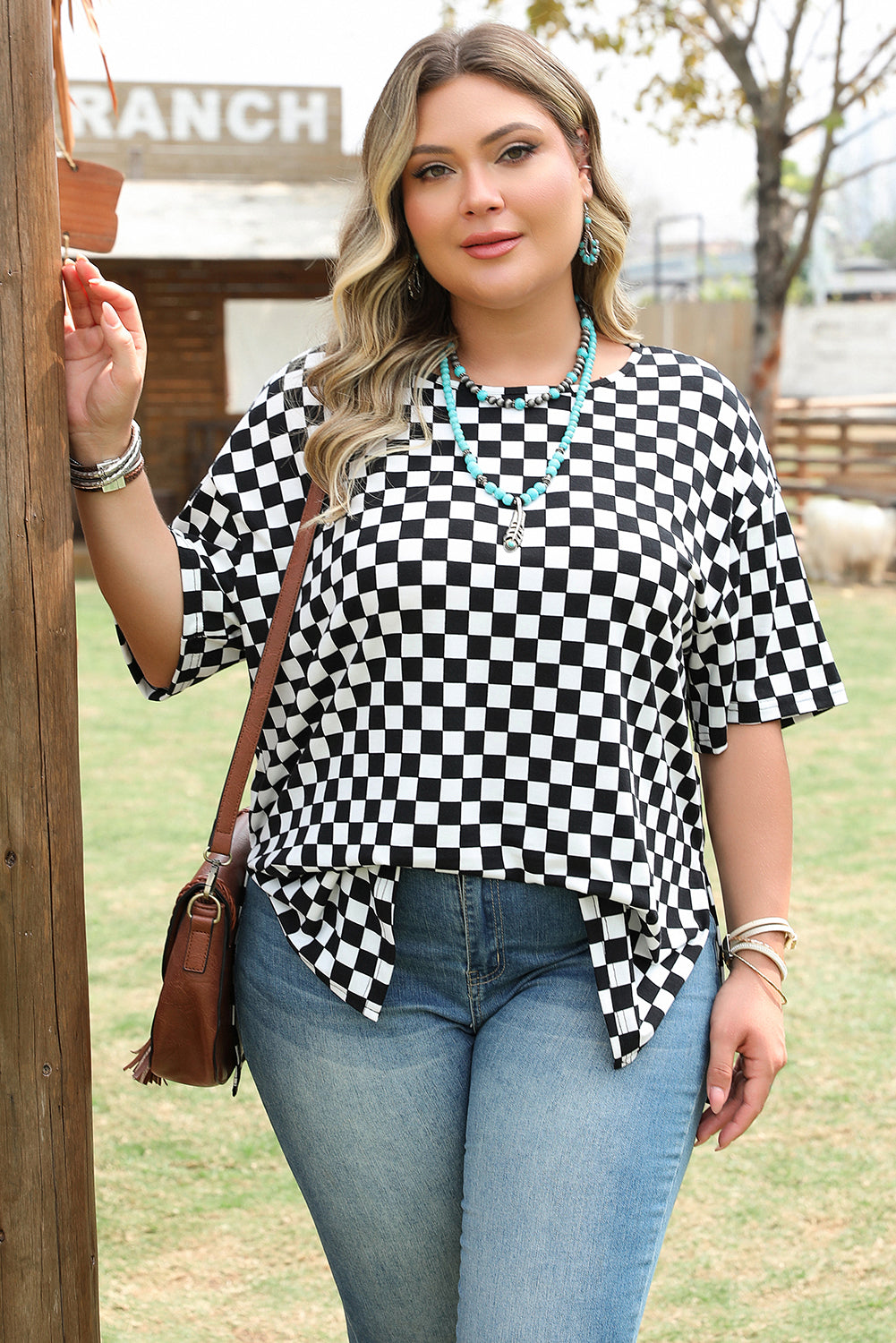 Blue Zone Planet | Black Checkered Print Side Slits O Neck Plus Size T Shirt-Plus Size/Plus Size Tops/Plus Size Tops & Tees-[Adult]-[Female]-2022 Online Blue Zone Planet