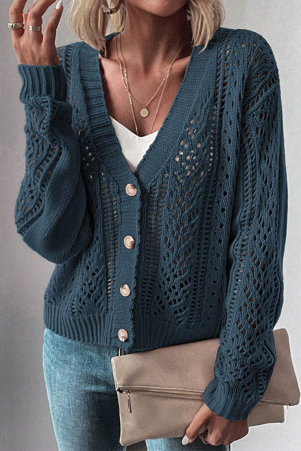 Blue Zone Planet | Green Hollow Knit Drop Shoulder Cardigan-Cardigans-[Adult]-[Female]-2022 Online Blue Zone Planet