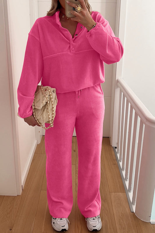 Peach Blossom Half Button Pullover Drawstring Pants Solid Color Corduroy 2pcs Outfit-Two Piece Sets/Pant Sets-[Adult]-[Female]-Peach Blossom-S-2022 Online Blue Zone Planet