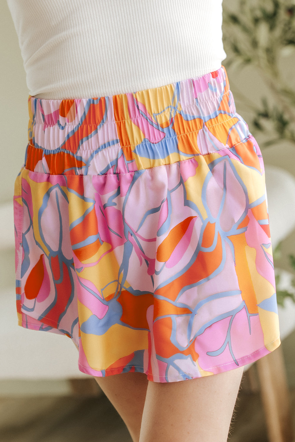 Purple Abstract Print Smock Waist Casual Shorts-BOTTOMS SIZES SMALL MEDIUM LARGE-[Adult]-[Female]-2022 Online Blue Zone Planet