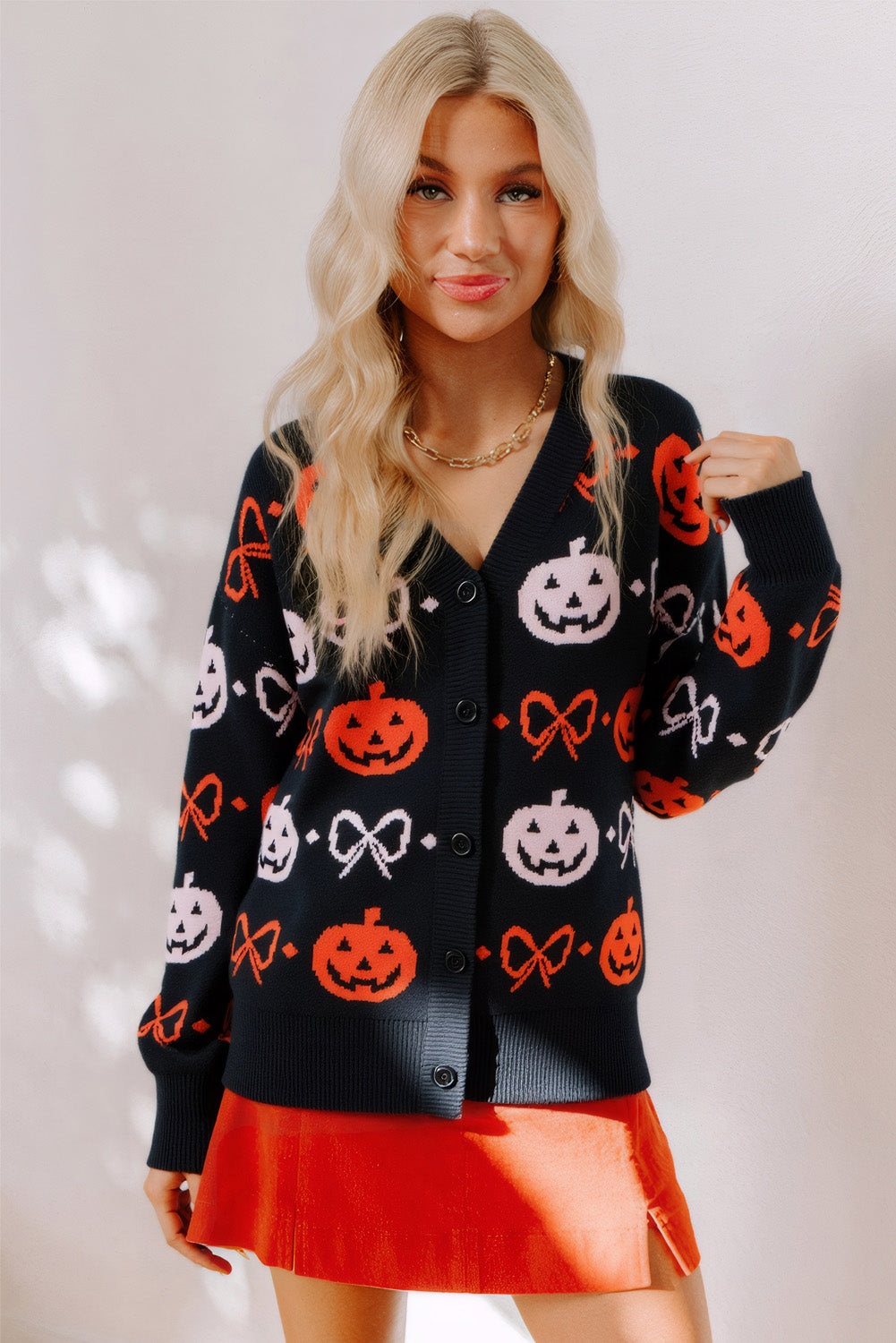 Black Halloween Pumpkin Bow Knit Button V Neck Sweater Cardigan-Sweaters & Cardigans/Cardigans-[Adult]-[Female]-2022 Online Blue Zone Planet