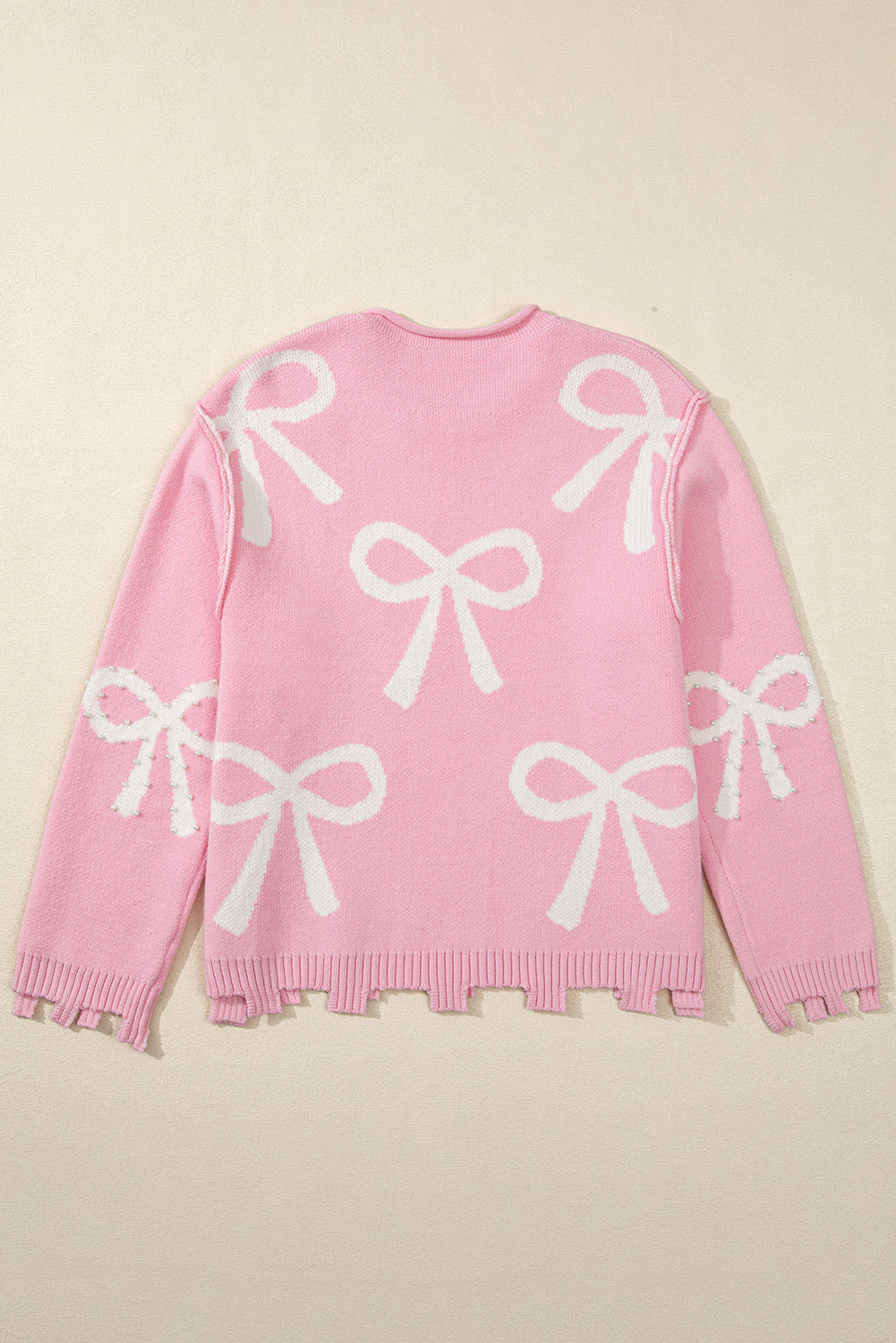 Blue Zone Planet | Pink Bow Pattern Pearl Embellished Raw Hem Sweater-Sweaters-[Adult]-[Female]-2022 Online Blue Zone Planet