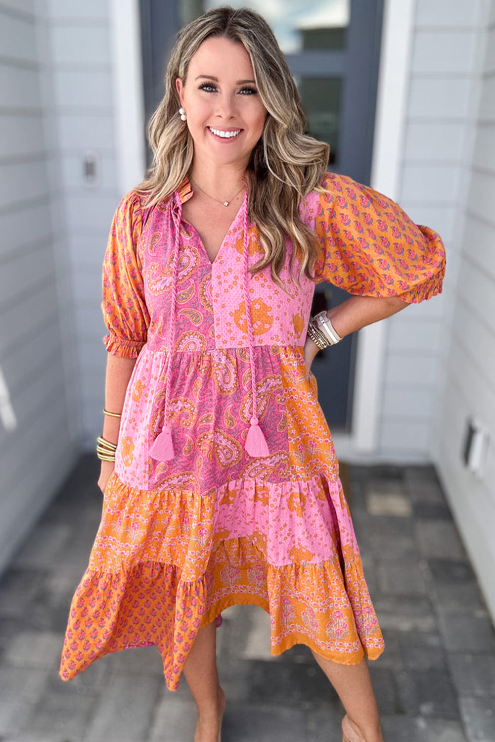 Pink Boho Paisley Floral Mixed Patchwork Tassel Tie Plus Size Midi Dress-Plus Size/Plus Size Dresses/Plus Size Maxi Dresses-[Adult]-[Female]-2022 Online Blue Zone Planet