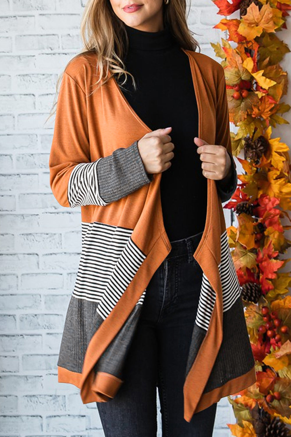 Blue Zone Planet | Orange Colorblock Striped Patchwork Open Cardigan-Sweaters & Cardigans/Cardigans-[Adult]-[Female]-Orange-S-2022 Online Blue Zone Planet