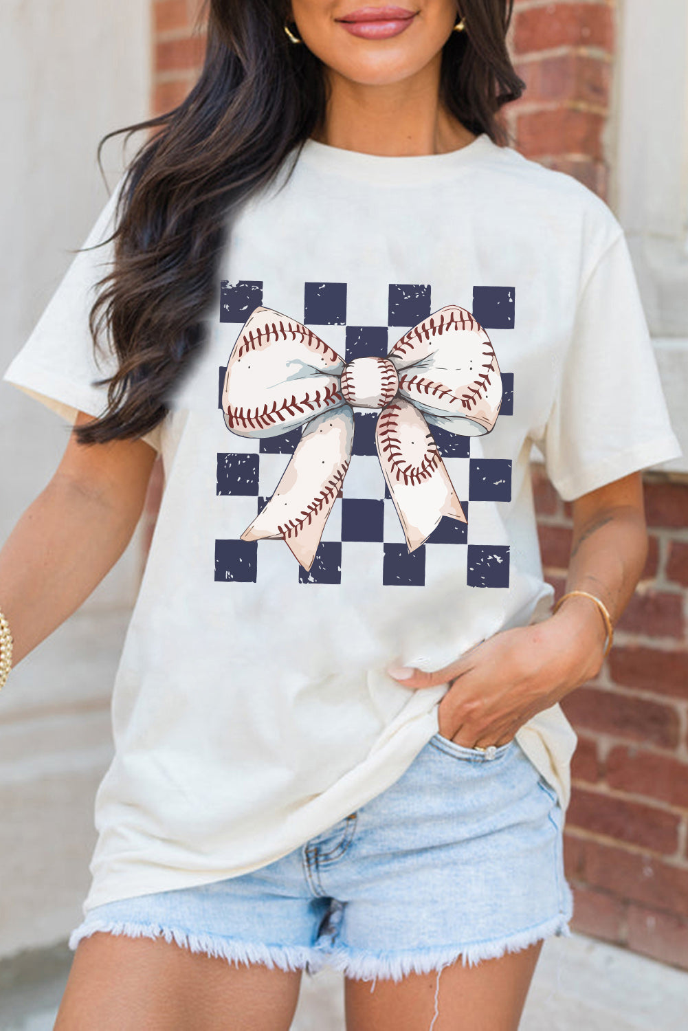 White Checkered Rugby Bowknot Graphic Crew T Shirt-Graphic/Graphic Tees-[Adult]-[Female]-2022 Online Blue Zone Planet