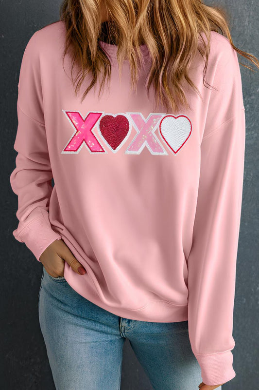 Blue Zone Planet | Valentine’s Day XOXO Round Neck Long Sleeve Sweatshirt-TOPS / DRESSES-[Adult]-[Female]-Dusty Pink-S-2022 Online Blue Zone Planet