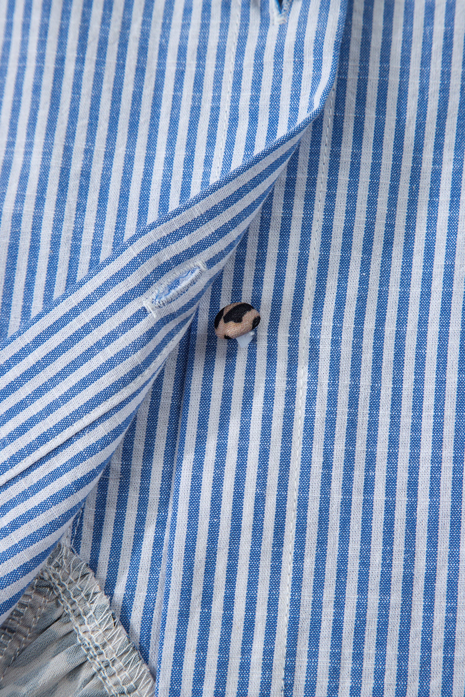 Sky Blue Stripe Contrast Frilled Leopard Trim Casual Long Sleeve Shirt-Tops/Blouses & Shirts-[Adult]-[Female]-2022 Online Blue Zone Planet