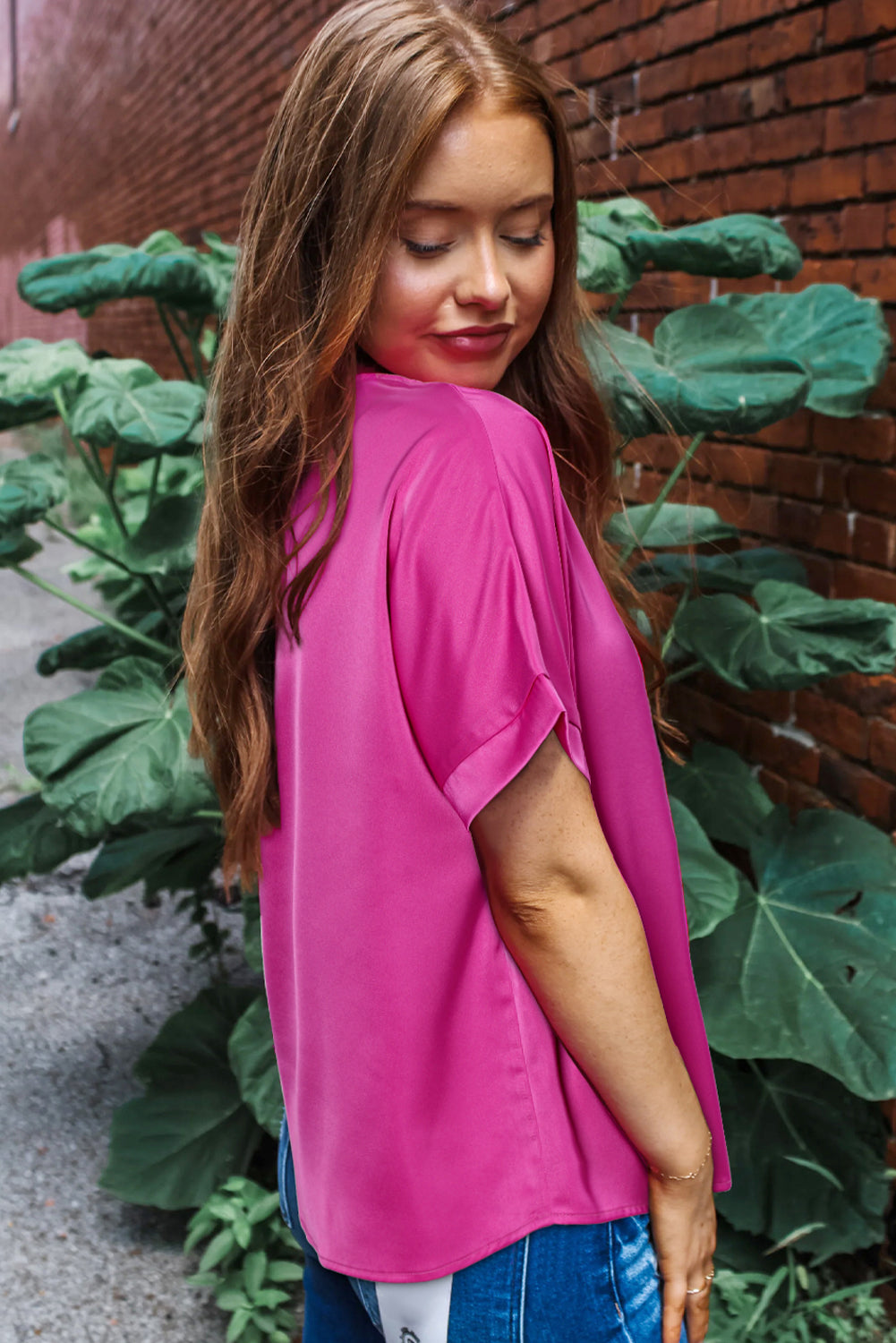 Bright Pink Silky V Neck Dolman Blouse-Tops/Blouses & Shirts-[Adult]-[Female]-2022 Online Blue Zone Planet
