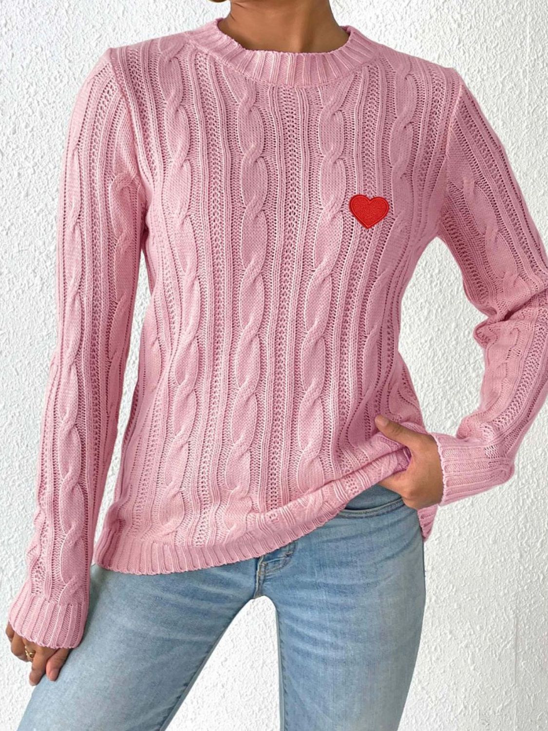 Blue Zone Planet | Cable-Knit Heart Round Neck Long Sleeve Sweater-TOPS / DRESSES-[Adult]-[Female]-Dusty Pink-S-2022 Online Blue Zone Planet