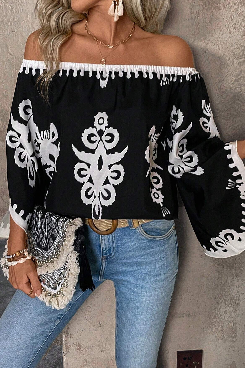 Black Abstract Print Off Shoulder Flounce Sleeve Blouse-Blouses-[Adult]-[Female]-Black-S-2022 Online Blue Zone Planet