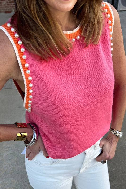 Bright Pink Contrast Trim Pearl Detail Sweater Tank Top-TOPS / DRESSES-[Adult]-[Female]-2022 Online Blue Zone Planet