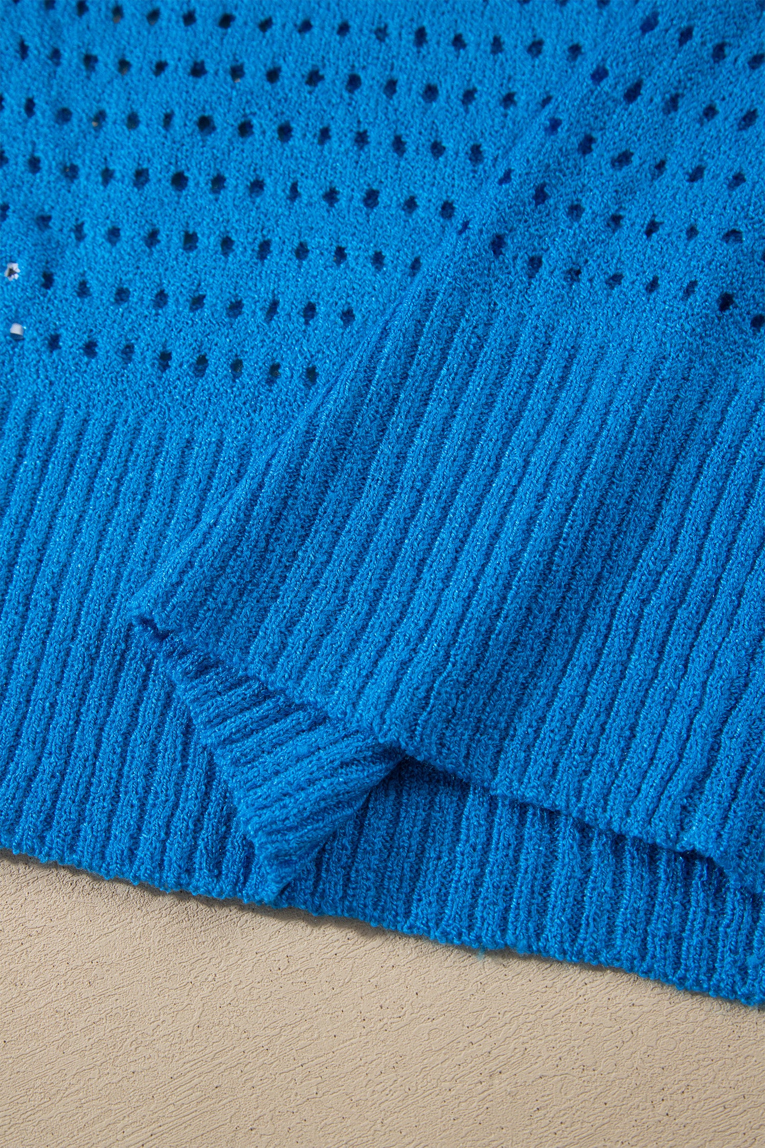 Sky Blue Solid Color Hollowed Knit Short Sleeve Zipper Collar Knitwear Top-Sweaters & Cardigans/Short Sleeve Sweaters-[Adult]-[Female]-2022 Online Blue Zone Planet