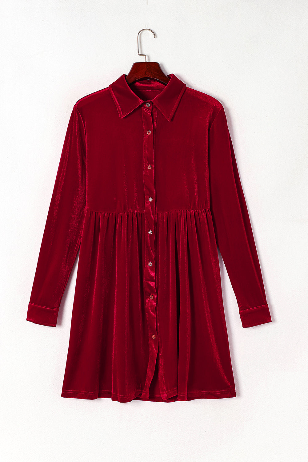 Blue Zone Planet | Fiery Red Long Sleeve Ruffle Velvet Button Up Dress-TOPS / DRESSES-[Adult]-[Female]-2022 Online Blue Zone Planet