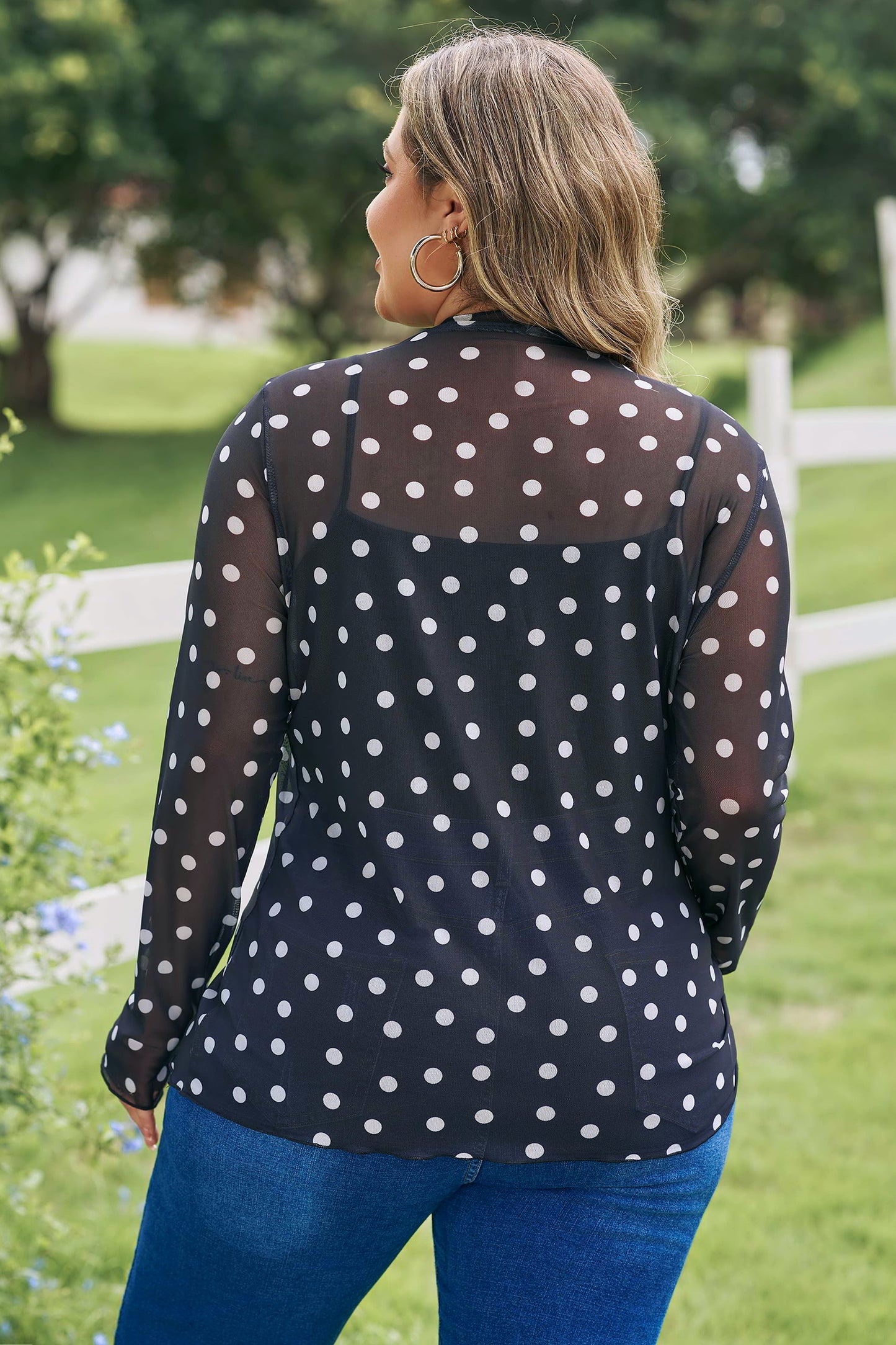 Black Plus Size Mock Neck Polka Dot Long Sleeve Mesh Top-Plus Size/Plus Size Tops/Plus Size Long Sleeve Tops-[Adult]-[Female]-2022 Online Blue Zone Planet