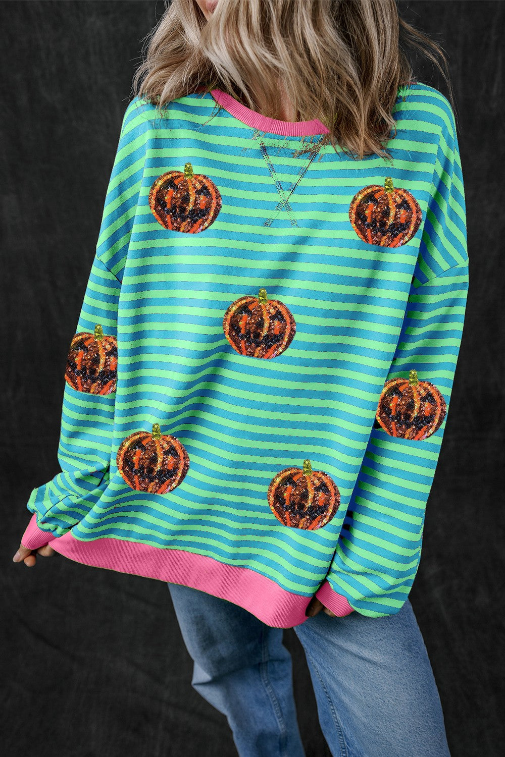 Pumpkin Striped Round Neck Long Sleeve Sweatshirt-TOPS / DRESSES-[Adult]-[Female]-Turquoise-S-2022 Online Blue Zone Planet