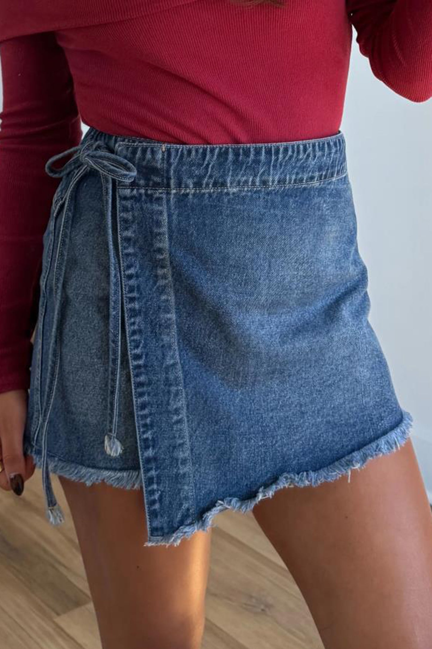 Ashleigh Blue Wrapped Tied Waist Denim Skort-Bottoms/Skirts & Petticoat-[Adult]-[Female]-2022 Online Blue Zone Planet