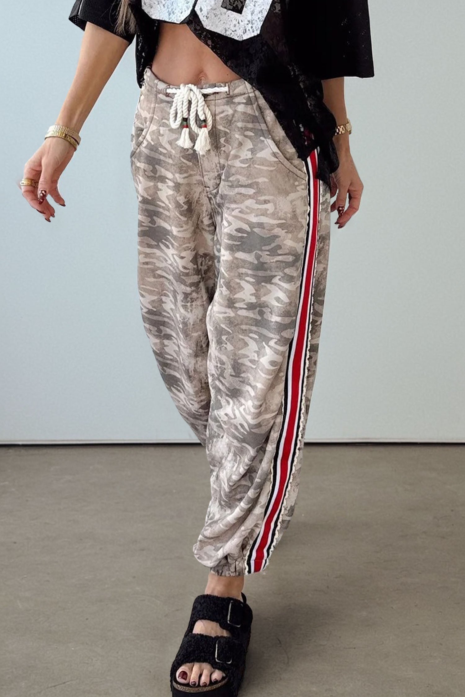 Khaki Camouflage Print Striped Side Panel Patchwork Drawstring Pants-Bottoms/Pants & Culotte-[Adult]-[Female]-Khaki-S-2022 Online Blue Zone Planet