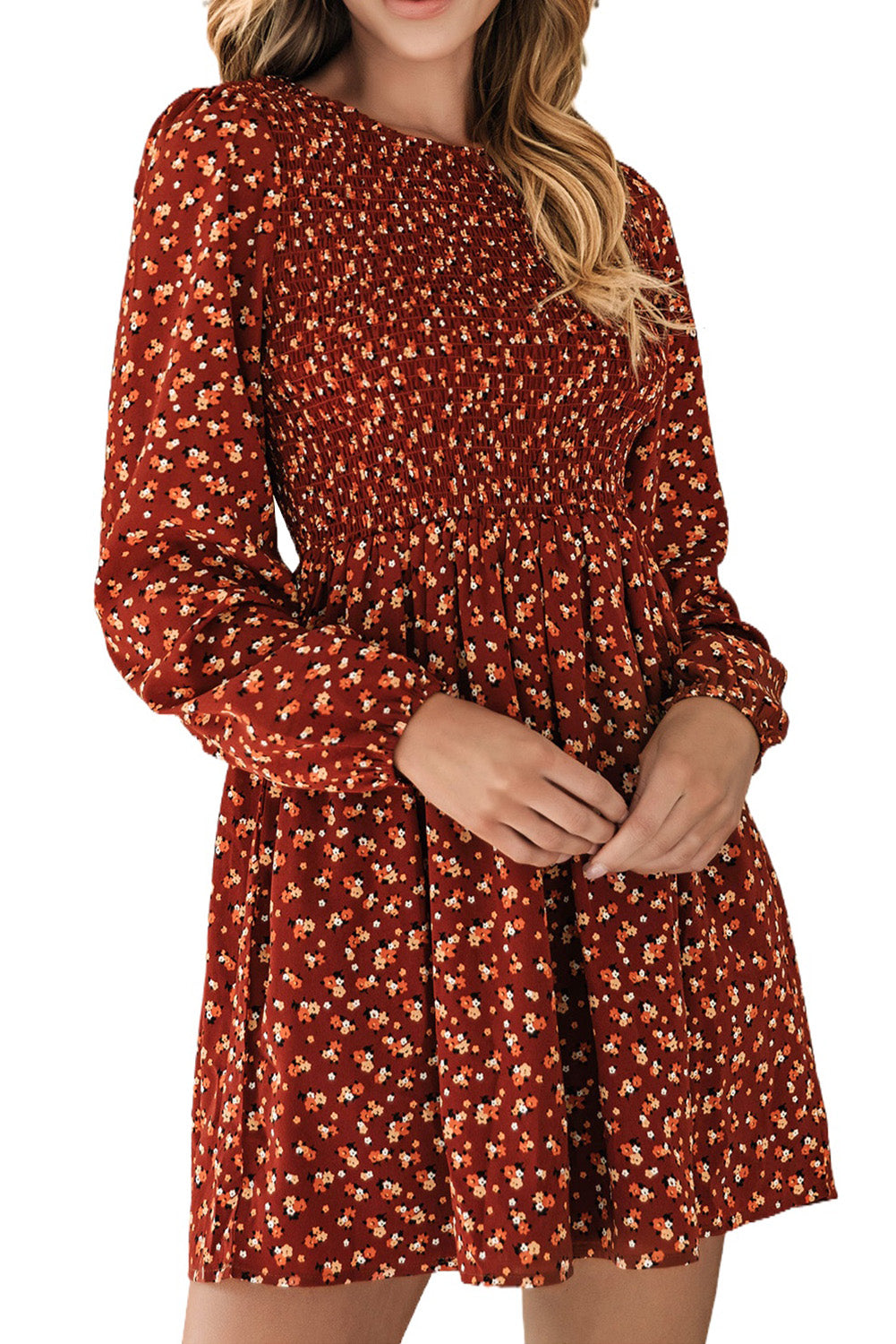 Brown Floral Smocked Bodice Mini Dress-TOPS / DRESSES-[Adult]-[Female]-2022 Online Blue Zone Planet