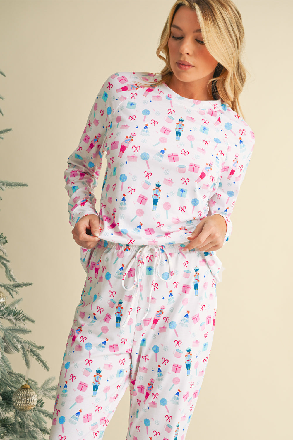 White Christmas Nutcracker Top and Wide Leg Pants Pajama Set-Loungewear Set-[Adult]-[Female]-2022 Online Blue Zone Planet