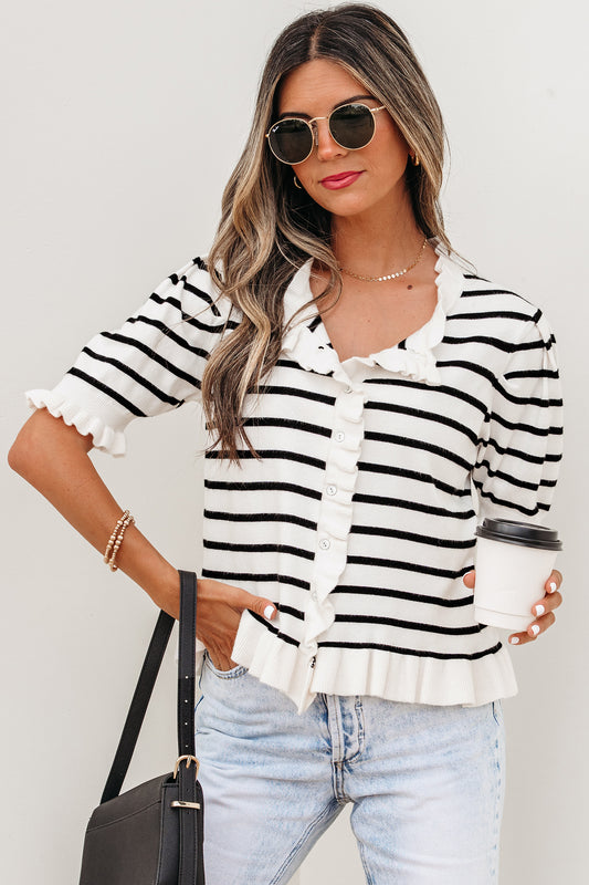 Beige Stripe Ruffle Trim Button Down Knit Short Sleeve Sweater Cardigan-TOPS / DRESSES-[Adult]-[Female]-Beige Stripe-S-2022 Online Blue Zone Planet