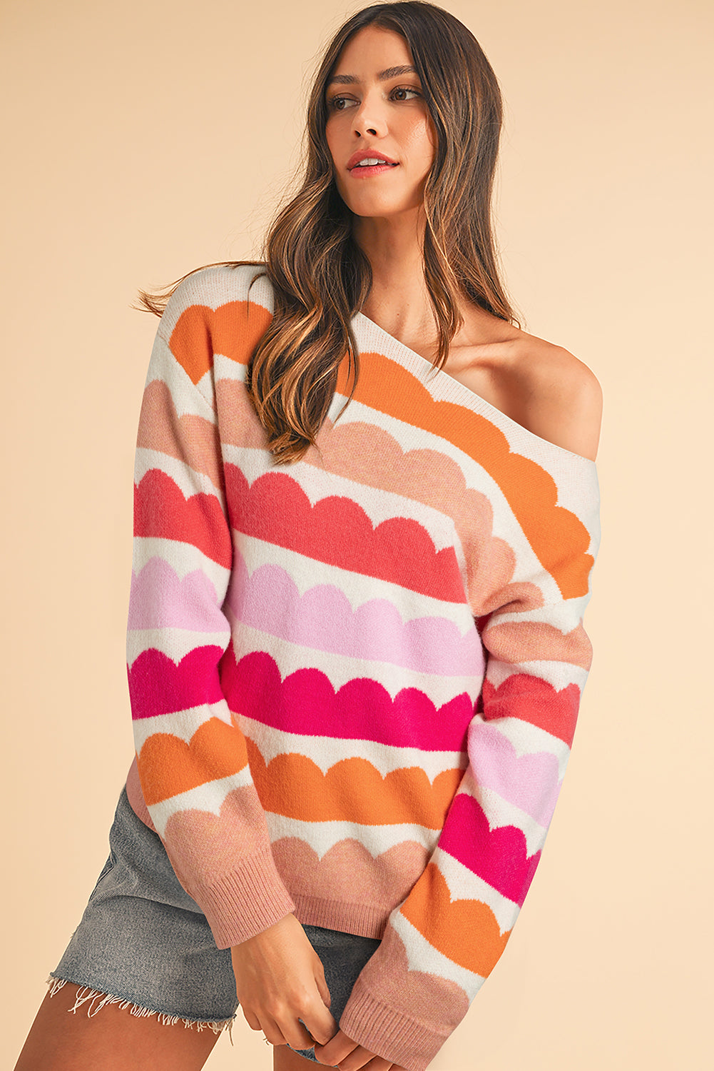 Yellow Wave Striped Balloon Sleeve Drop Shoulder Sweater-Sweaters-[Adult]-[Female]-2022 Online Blue Zone Planet