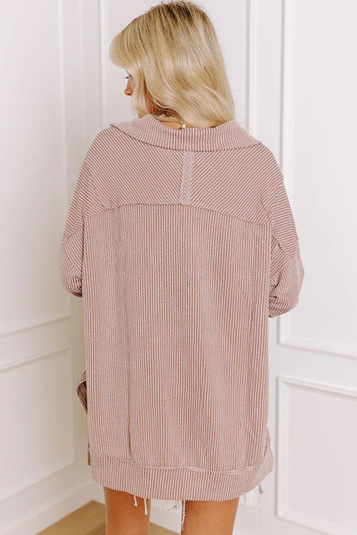 Oatmeal Twist Ribbed Zipper Collar Drop Shoulder Long Sleeve Top-Tops/Long Sleeve Tops-[Adult]-[Female]-2022 Online Blue Zone Planet