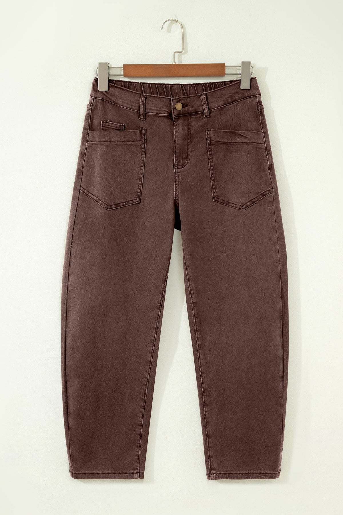 Coffee Solid Color Square Patch Pocket Ankle-length Barrel Jeans-Bottoms/Jeans-[Adult]-[Female]-2022 Online Blue Zone Planet