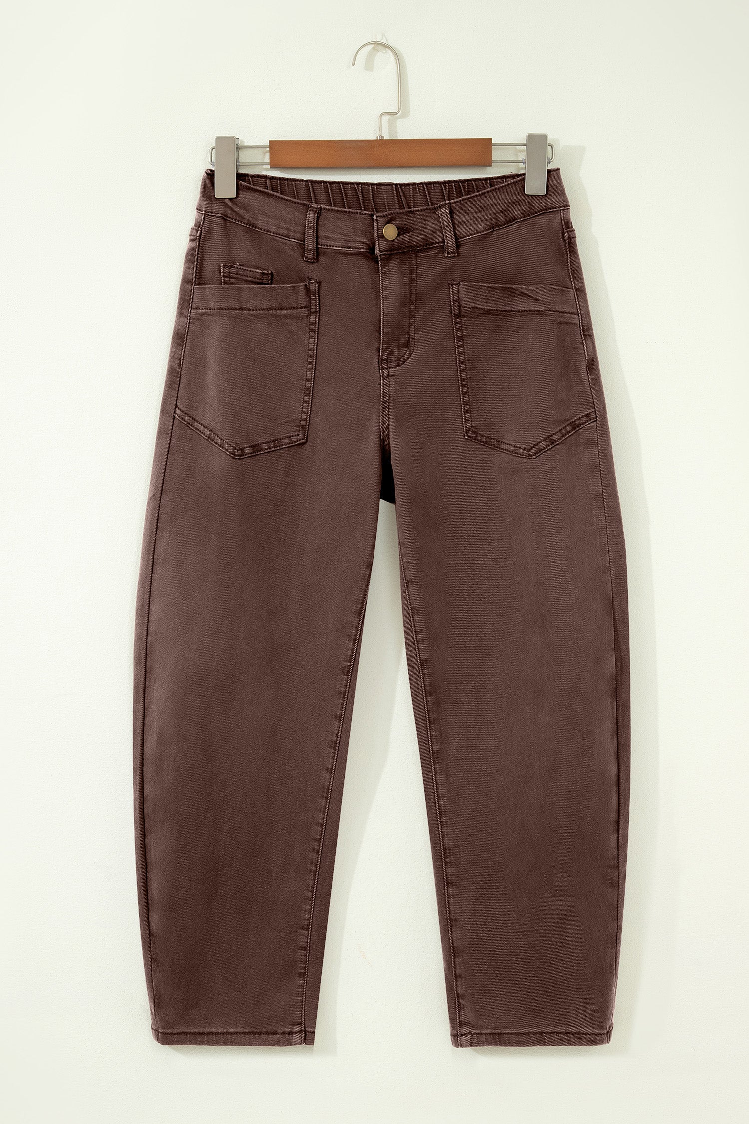 Coffee Solid Color Square Patch Pocket Ankle-length Barrel Jeans-Bottoms/Jeans-[Adult]-[Female]-2022 Online Blue Zone Planet