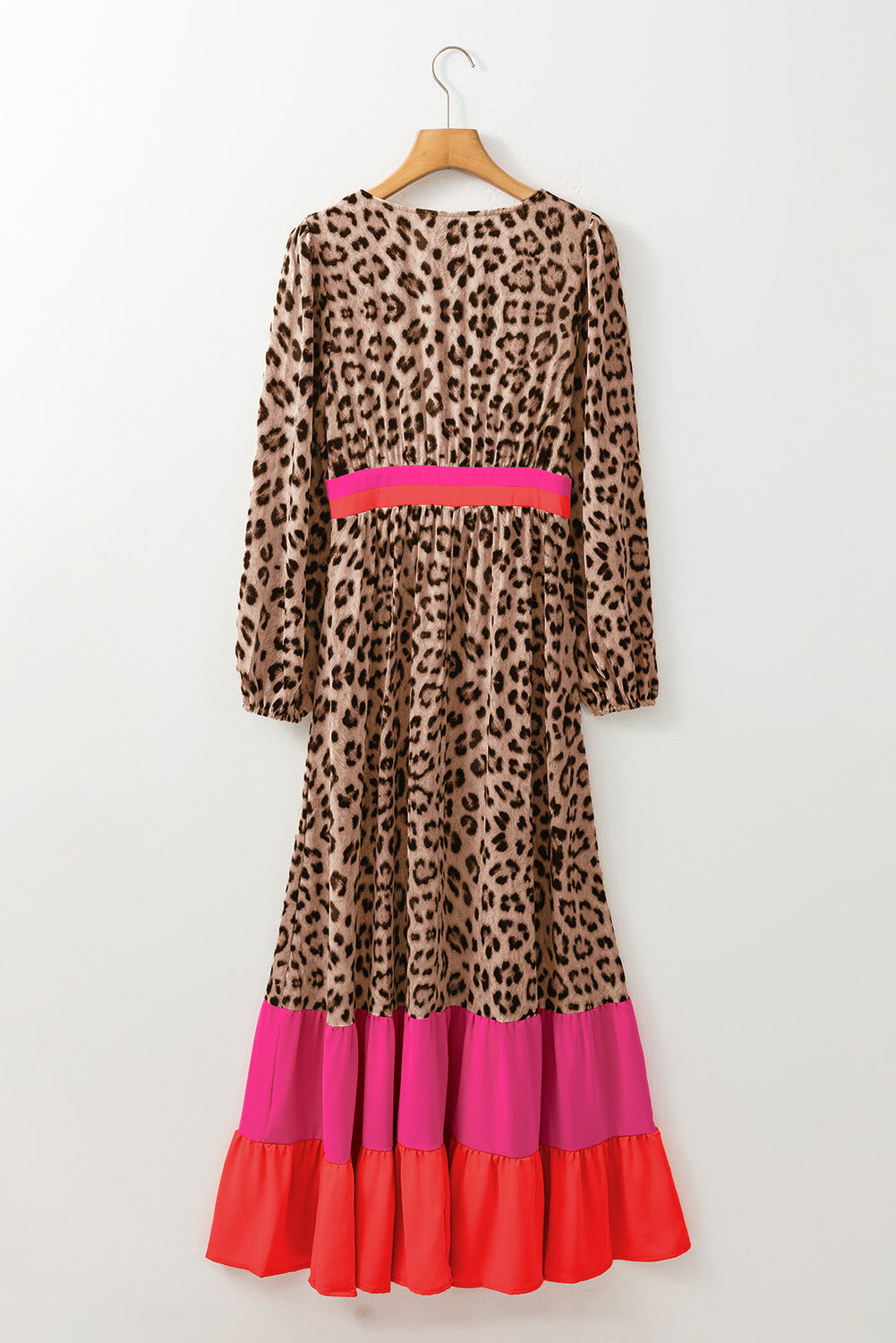 Brown Leopard Color Block V Neck Loose Fit Maxi Dress-Dresses/Maxi Dresses-[Adult]-[Female]-2022 Online Blue Zone Planet