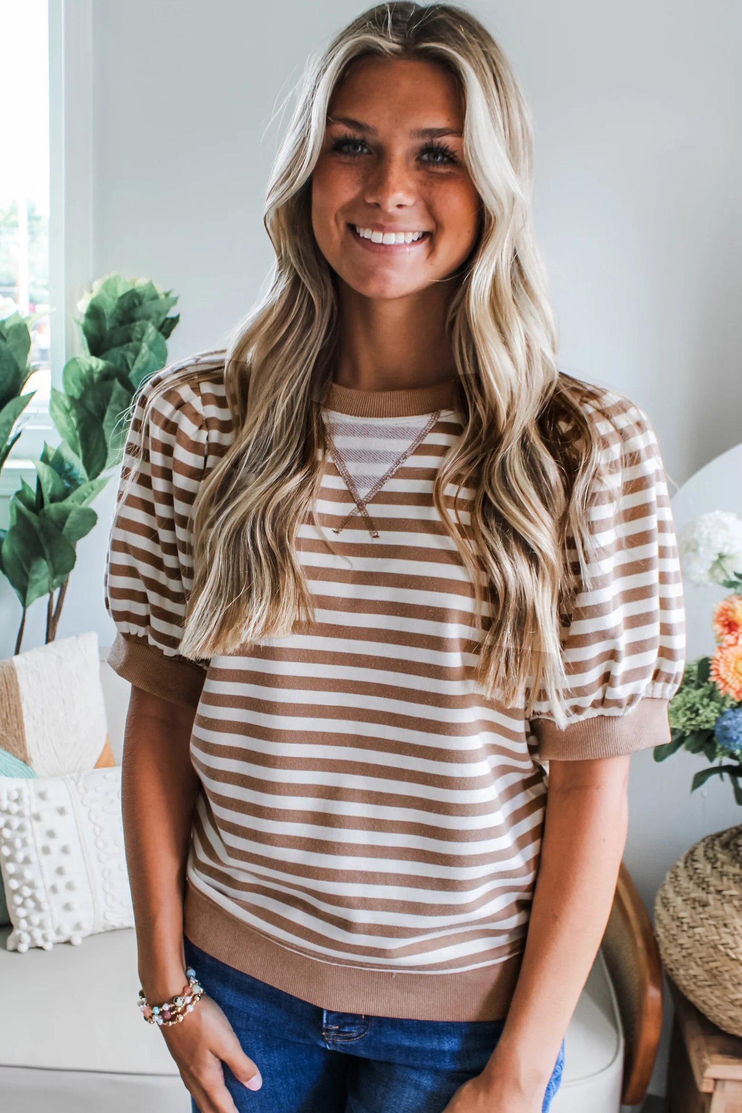 Orange Stripe Short Bubble Sleeve T Shirt-Tops/Tops & Tees-[Adult]-[Female]-2022 Online Blue Zone Planet