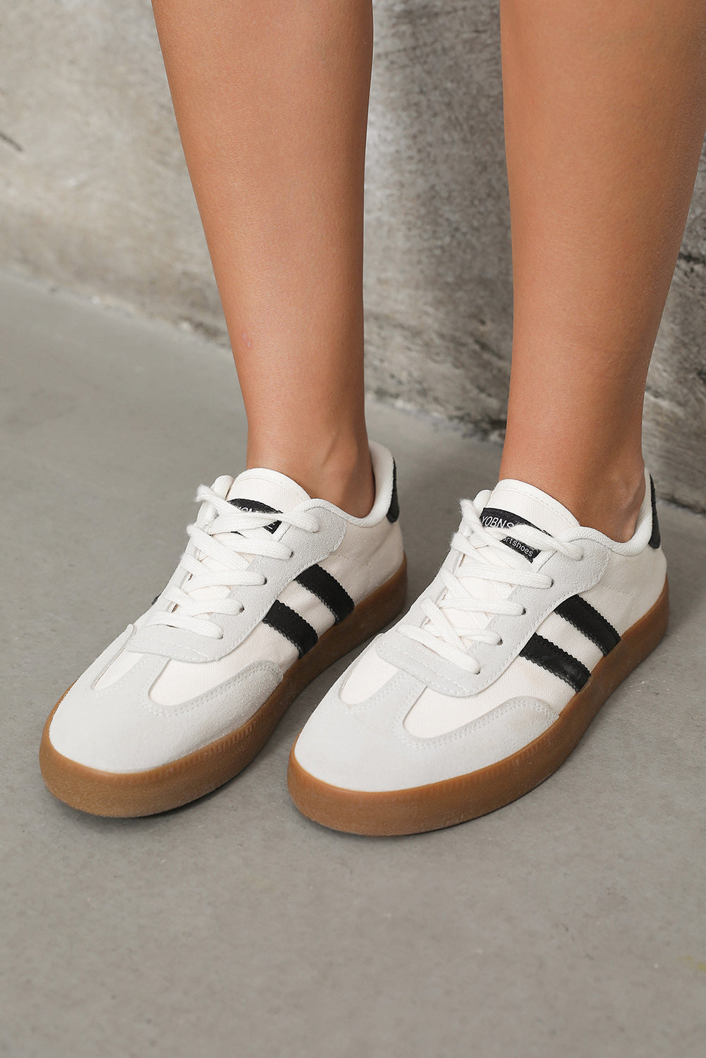White Striped Lace-up Flat Sneakers-Shoes & Bags/Womens Shoes-[Adult]-[Female]-2022 Online Blue Zone Planet