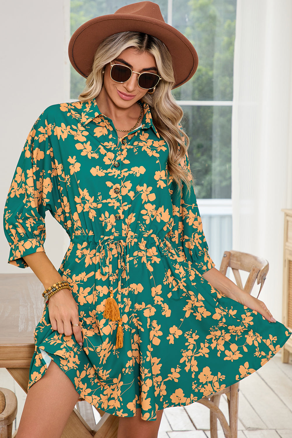 Pink Floral Print Drawstring Flowy Short Dress-20% OFF-[Adult]-[Female]-2022 Online Blue Zone Planet