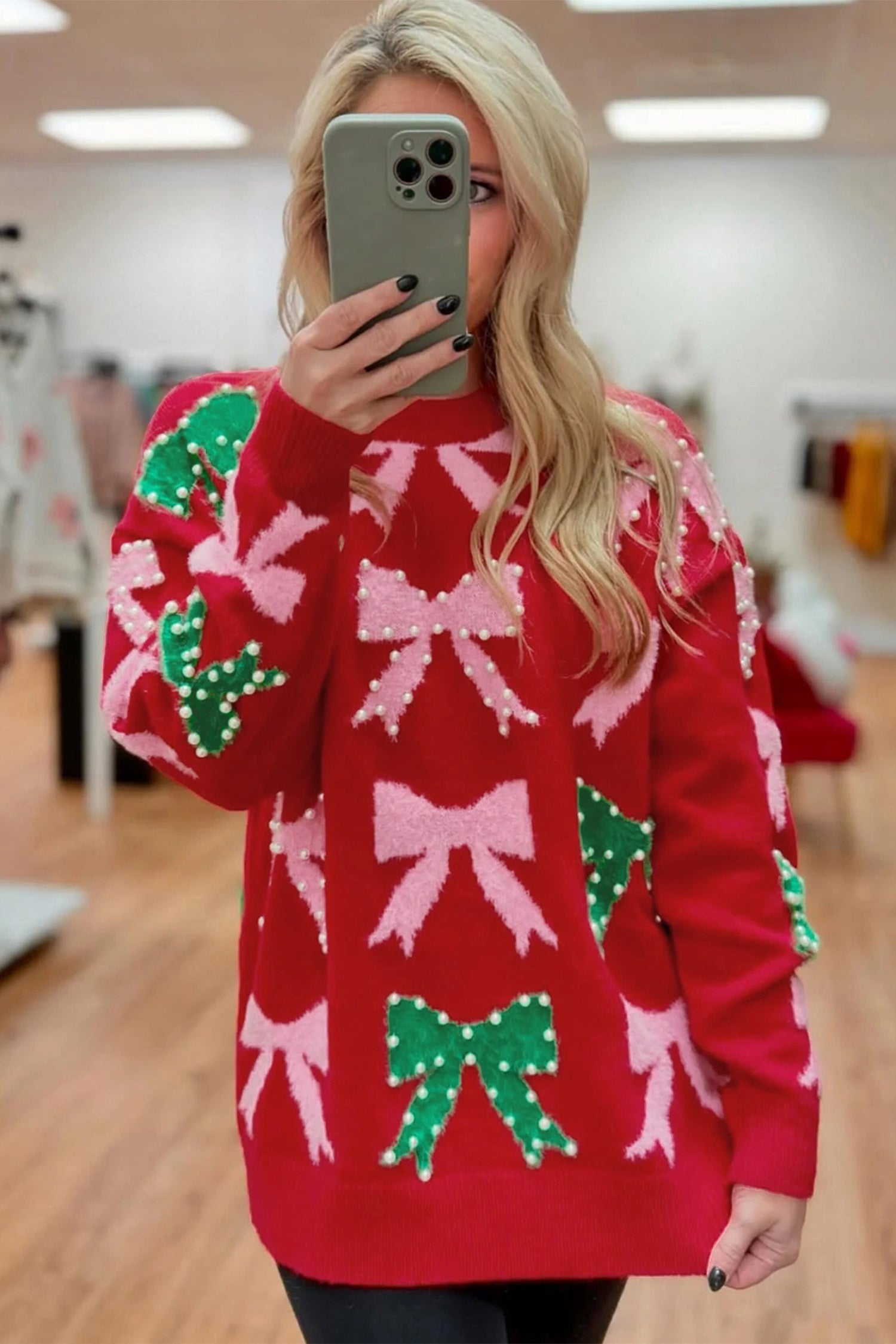Fiery Red Bow Pearl Embellished Christmas Holiday Sweater-TOPS / DRESSES-[Adult]-[Female]-2022 Online Blue Zone Planet