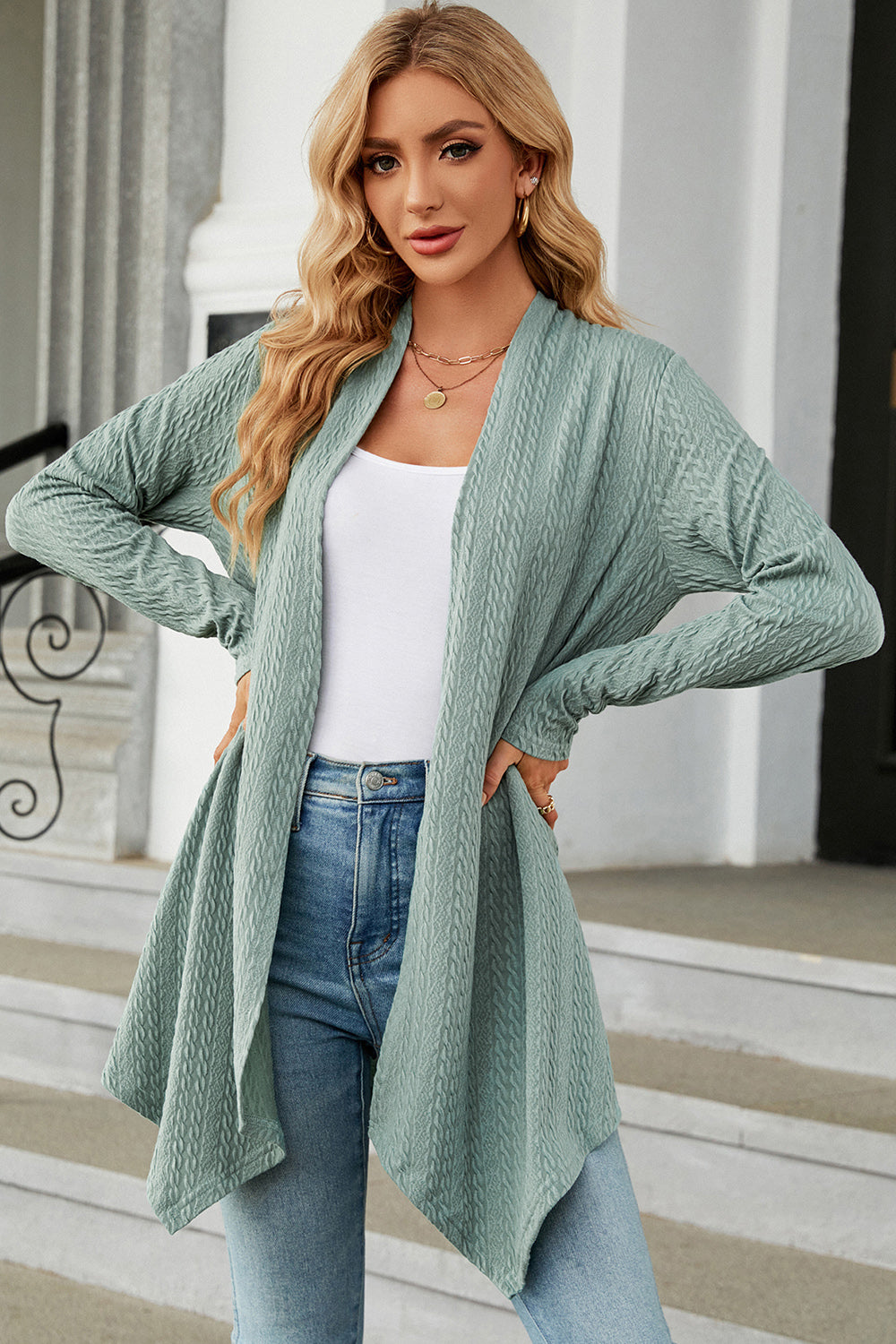 Open Front Long Sleeve Cardigan-TOPS / DRESSES-[Adult]-[Female]-Light Green-S-2022 Online Blue Zone Planet